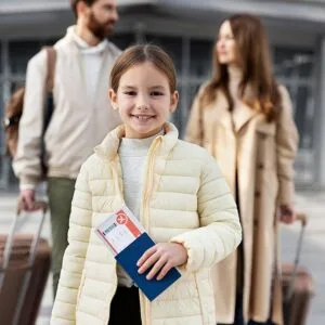 A family walking through an airport with luggage and a passport, sponsored on a UAE family visa